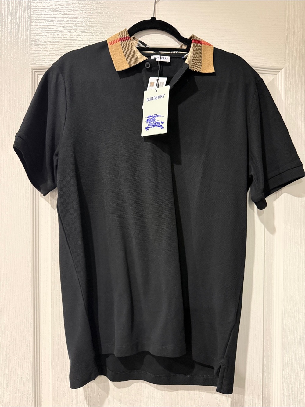 Burberry Black Polo with Signature Beige Check Collar